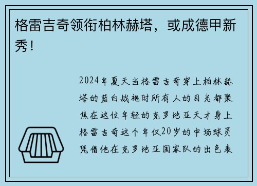 格雷吉奇领衔柏林赫塔，或成德甲新秀！