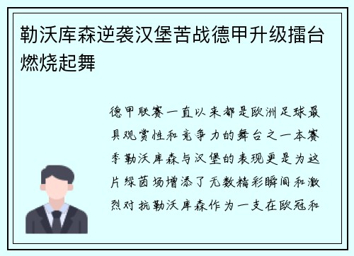 勒沃库森逆袭汉堡苦战德甲升级擂台燃烧起舞