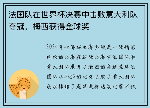 法国队在世界杯决赛中击败意大利队夺冠，梅西获得金球奖