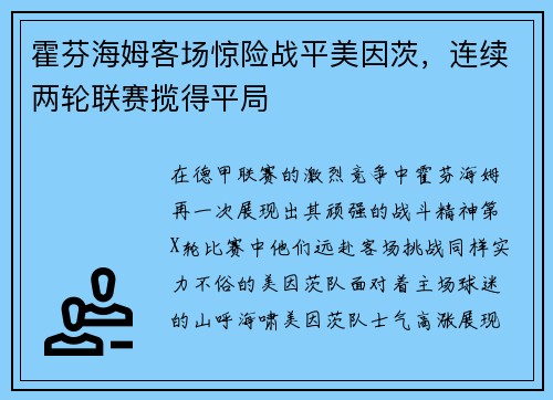 霍芬海姆客场惊险战平美因茨，连续两轮联赛揽得平局