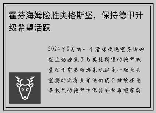 霍芬海姆险胜奥格斯堡，保持德甲升级希望活跃