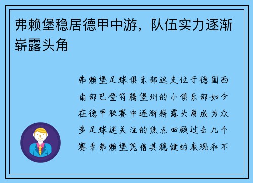 弗赖堡稳居德甲中游，队伍实力逐渐崭露头角