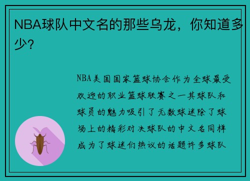NBA球队中文名的那些乌龙，你知道多少？