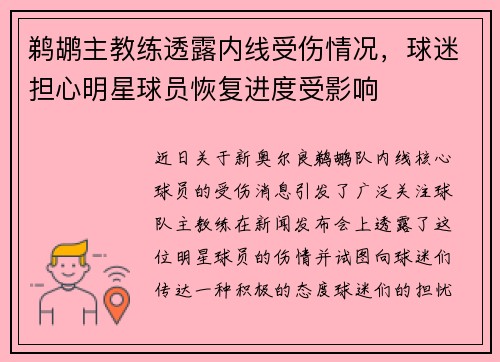 鹈鹕主教练透露内线受伤情况，球迷担心明星球员恢复进度受影响
