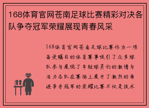 168体育官网苍南足球比赛精彩对决各队争夺冠军荣耀展现青春风采