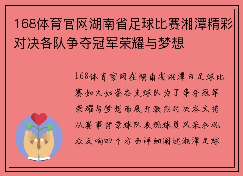 168体育官网湖南省足球比赛湘潭精彩对决各队争夺冠军荣耀与梦想