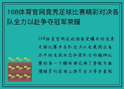 168体育官网竞秀足球比赛精彩对决各队全力以赴争夺冠军荣耀
